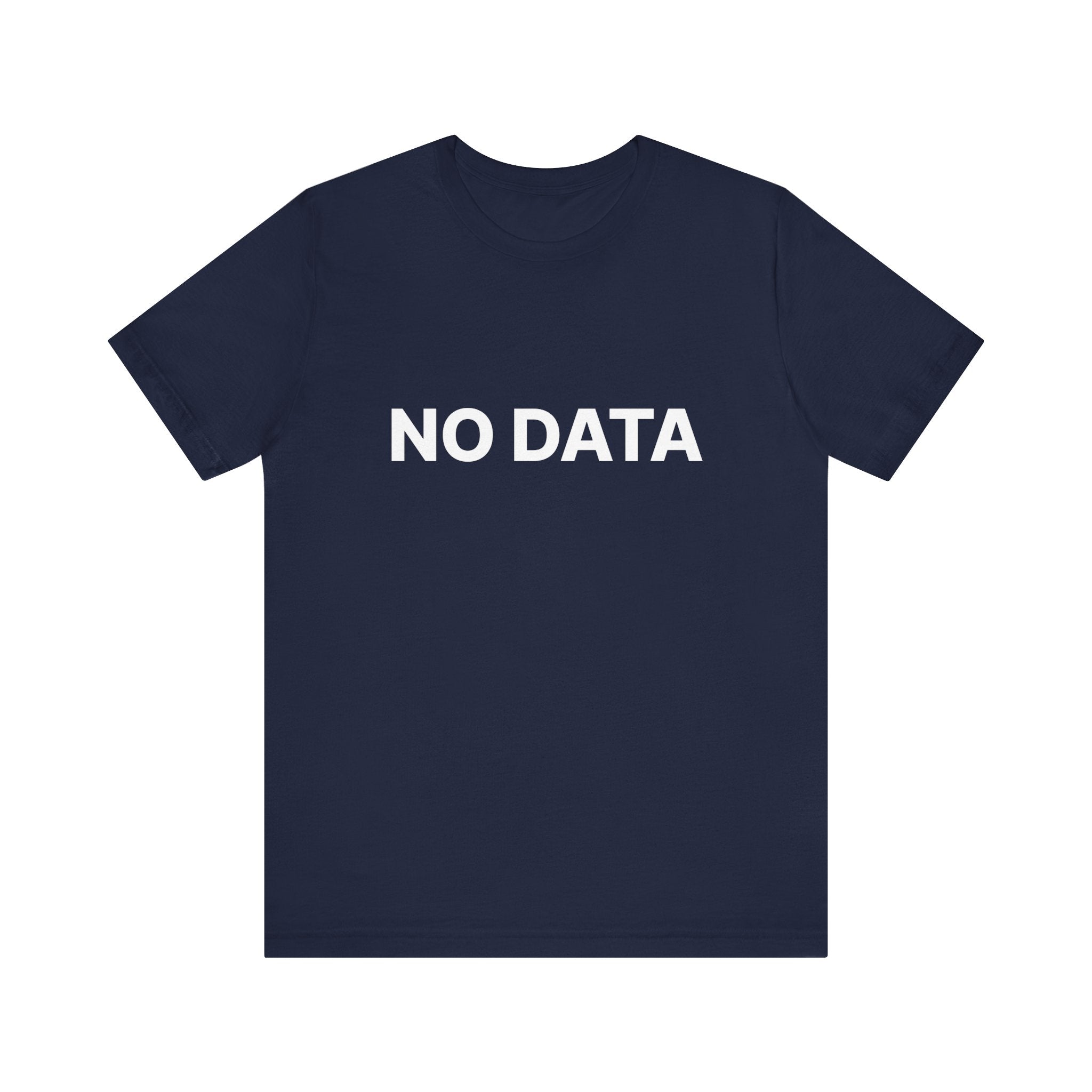 Navy blue t-shirt with 'NO DATA' text on a white background