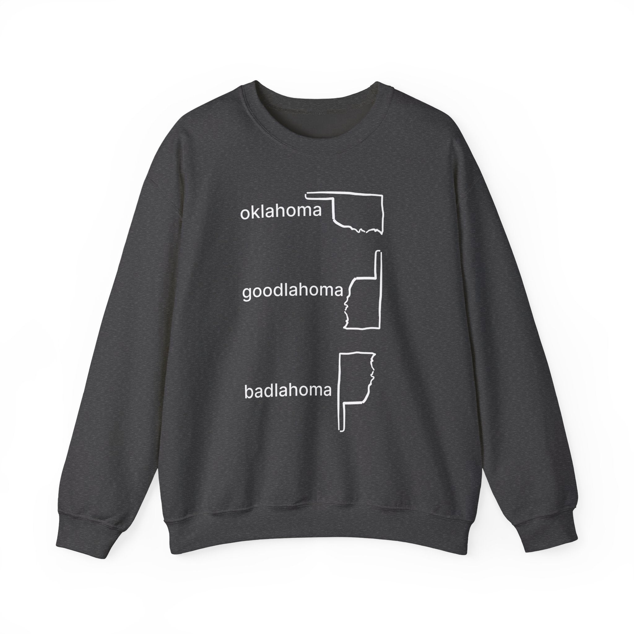 Dark gray sweatshirt with white text and graphics on a white background