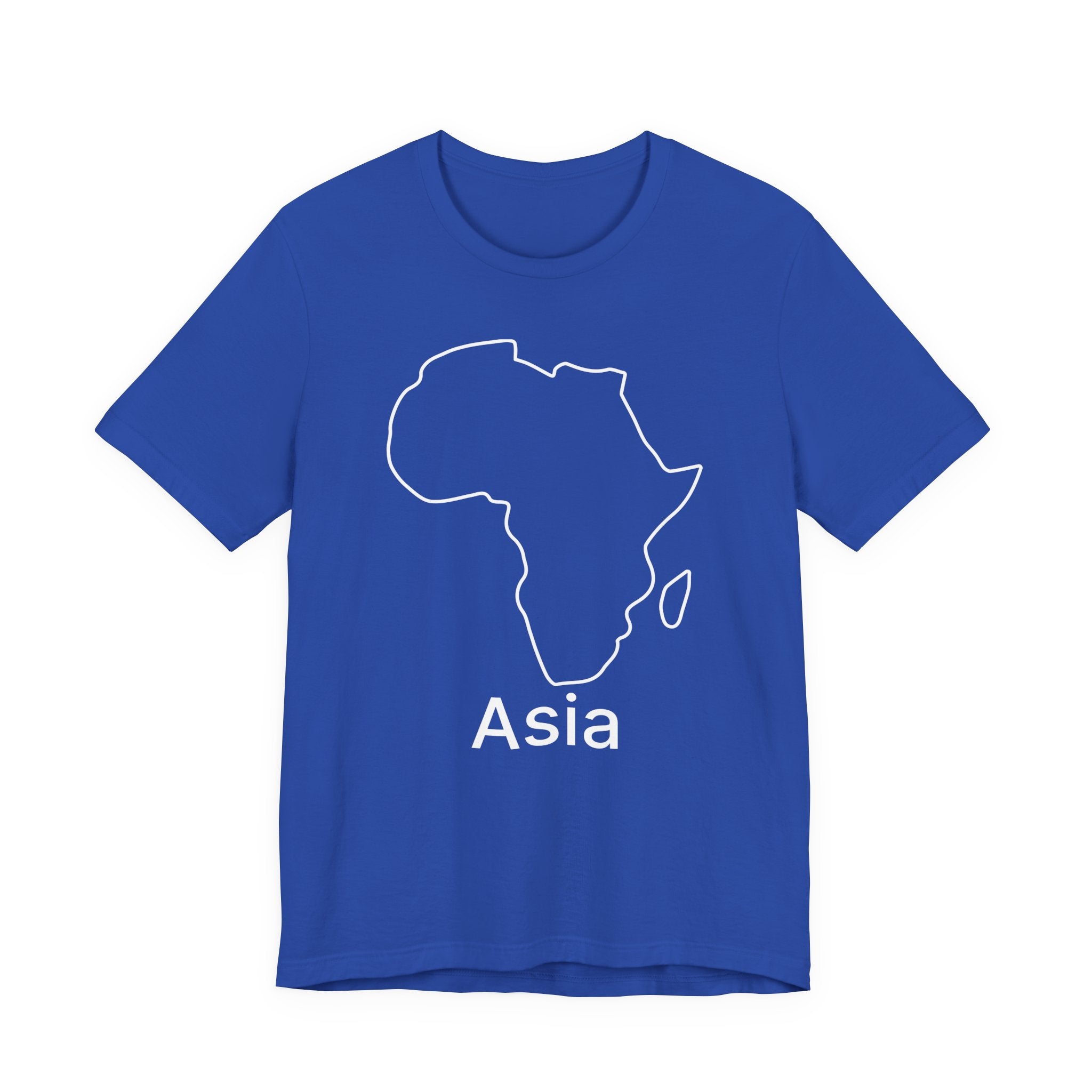 Blue t-shirt with a white outline of Africa and the word 'Asia' on a white background