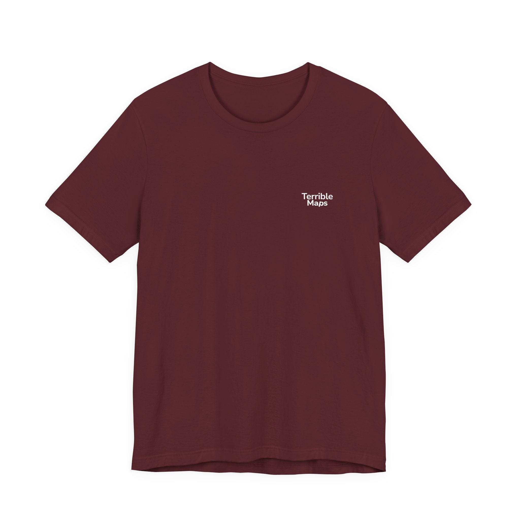Maroon t-shirt with 'Terrible Maps' logo on a white background