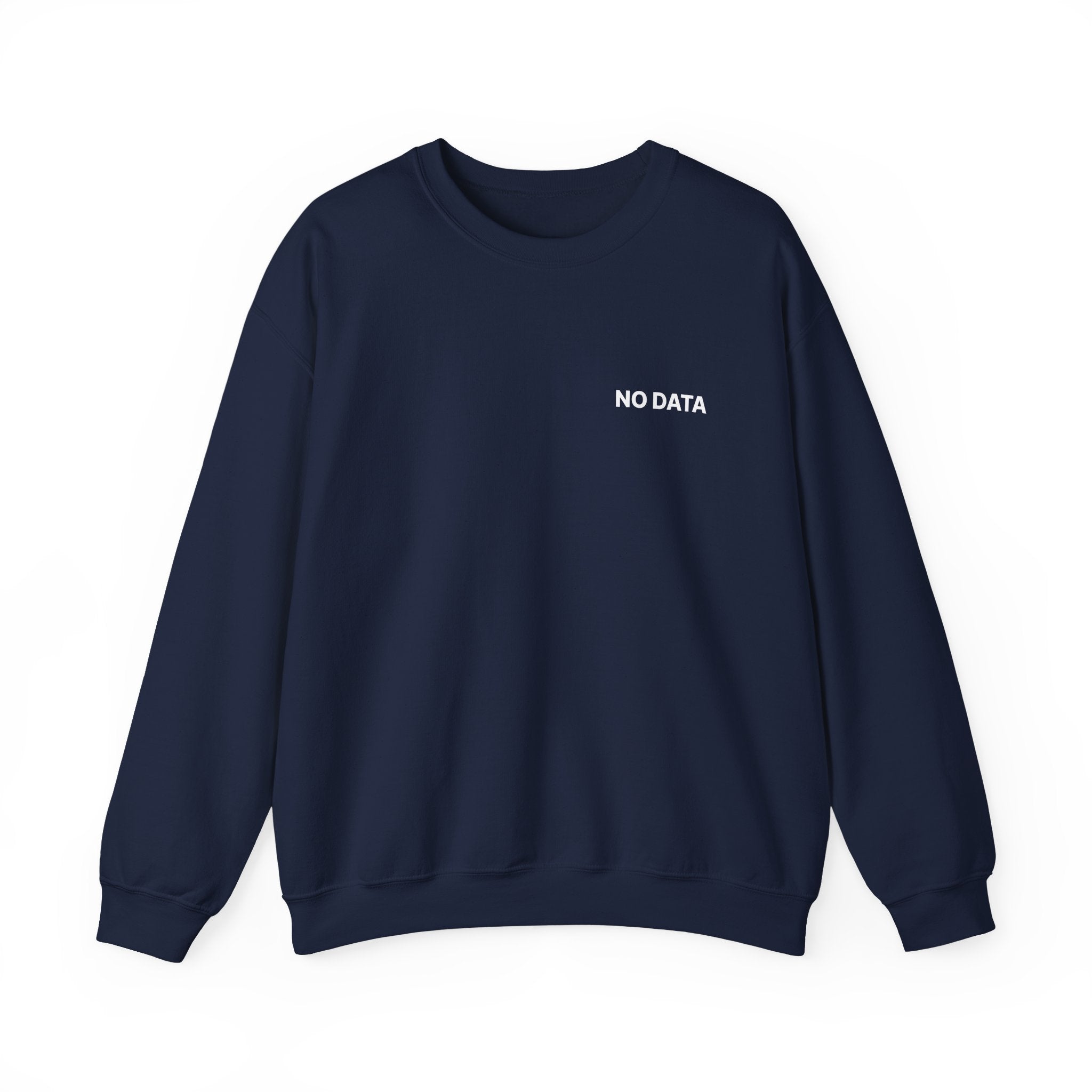Navy blue sweatshirt with 'NO DATA' text on a white background