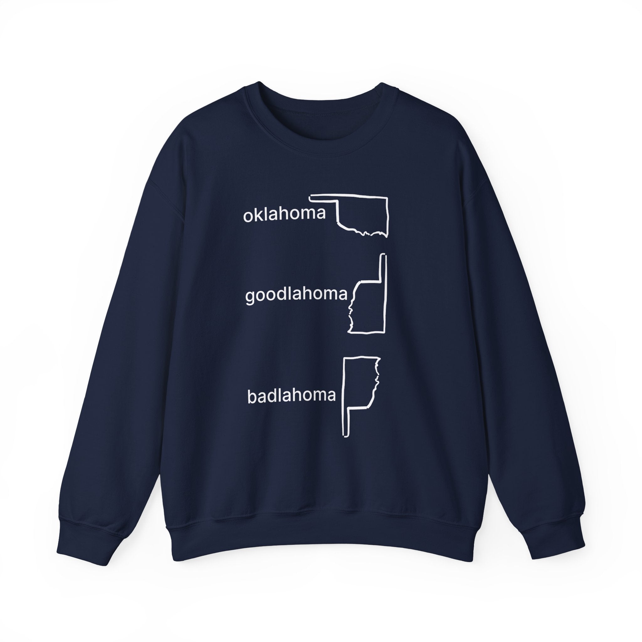 Navy blue sweatshirt with white text and graphics on a white background