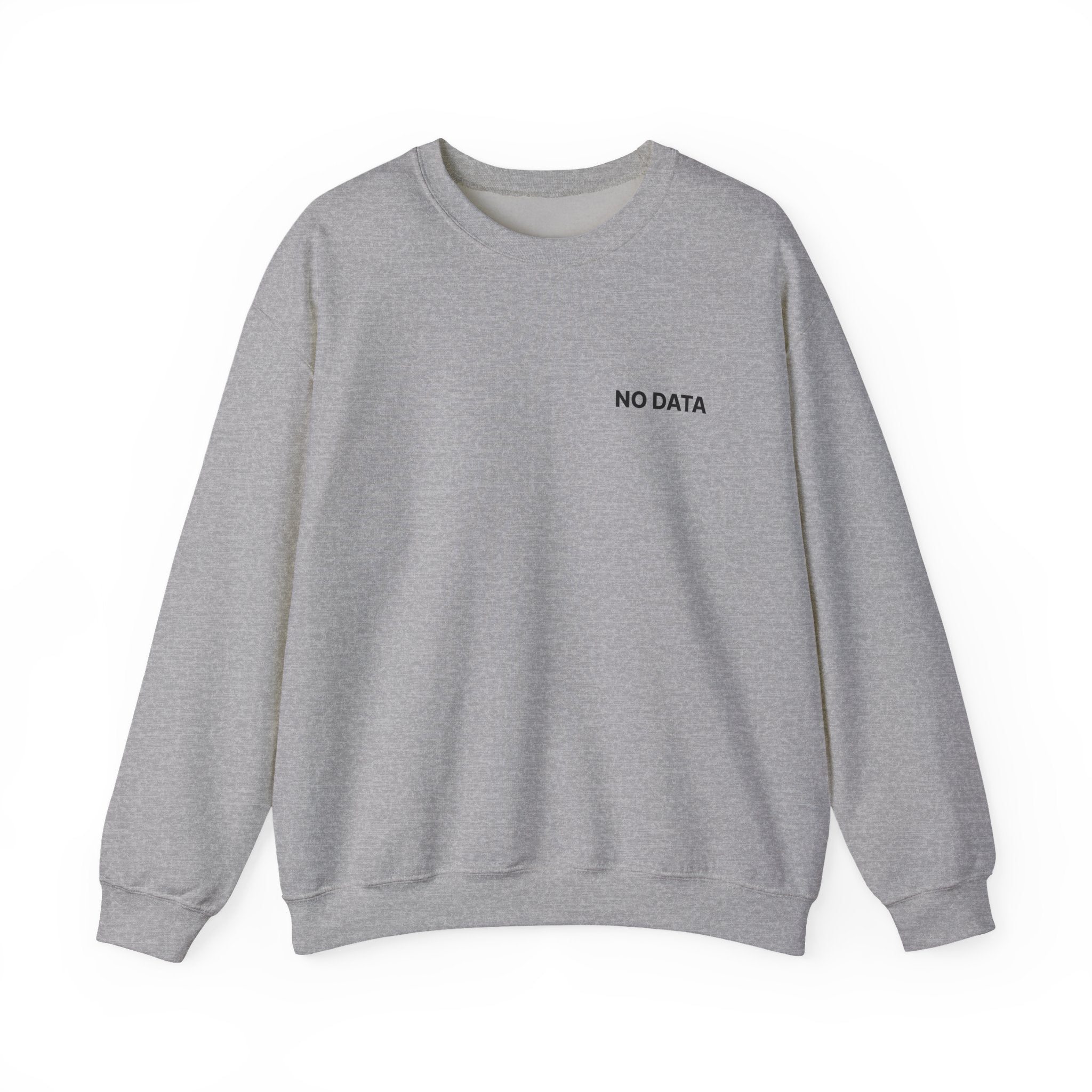 Gray sweatshirt with 'NO DATA' text on a white background