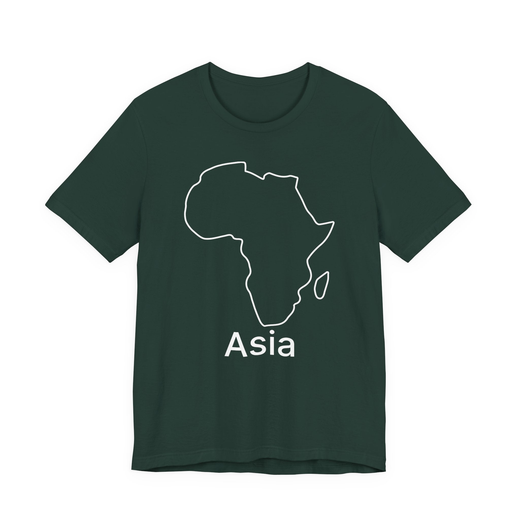 Green t-shirt with a map of Africa and the word 'Asia' on a white background