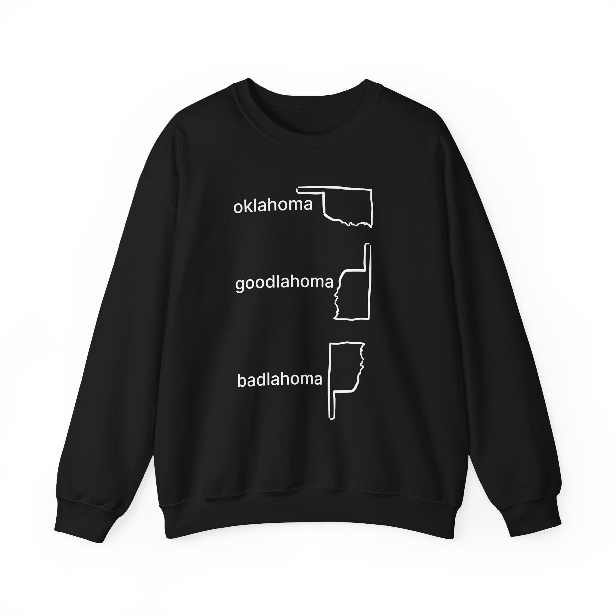 Black sweatshirt with white text and graphics on a white background
