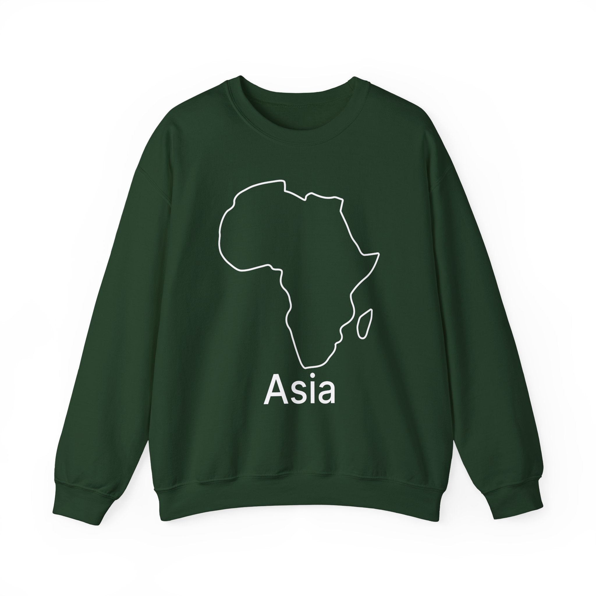 Green sweatshirt with a map of Africa and the word 'Asia' on a white background