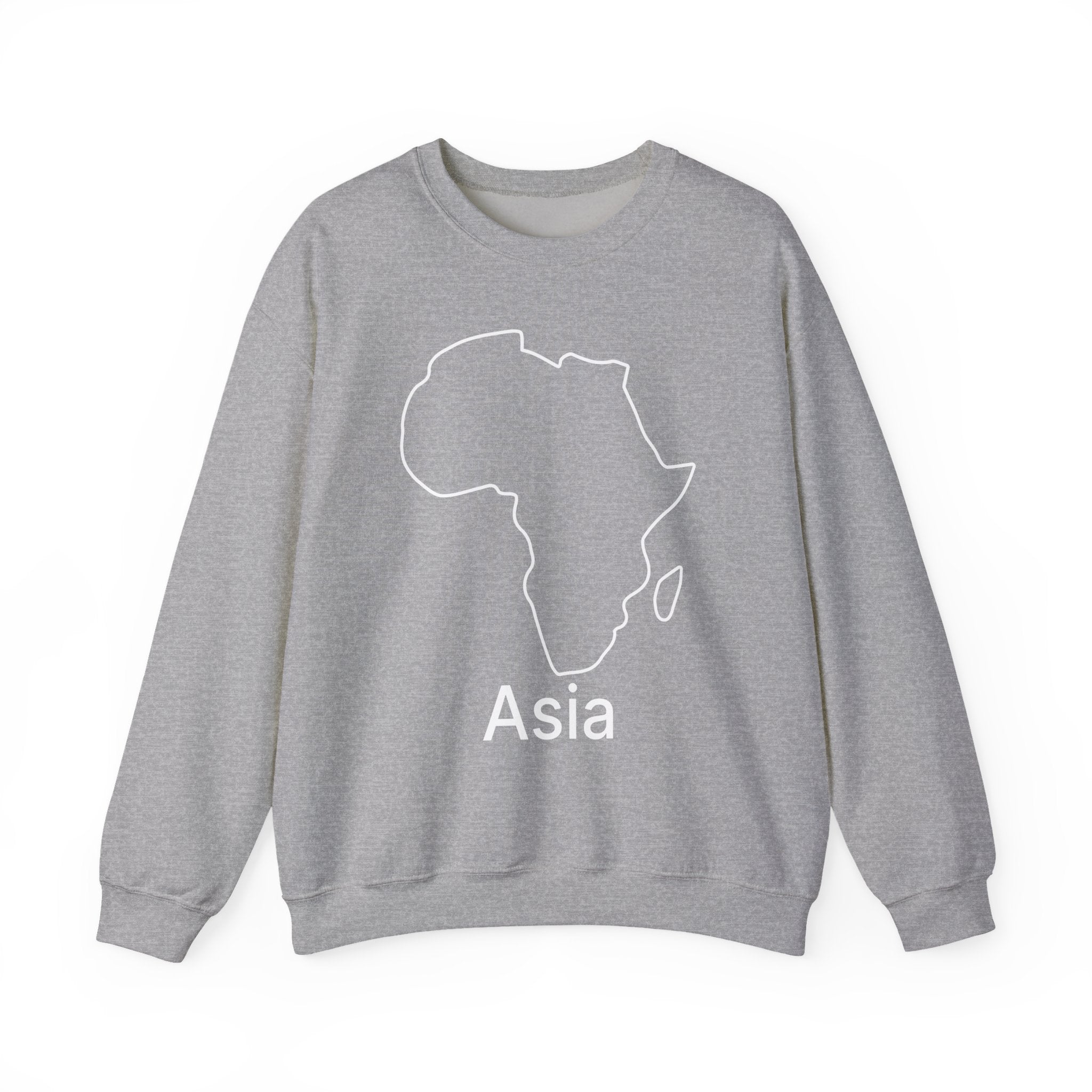 Gray sweatshirt with a map of Africa and the word 'Asia' on a white background