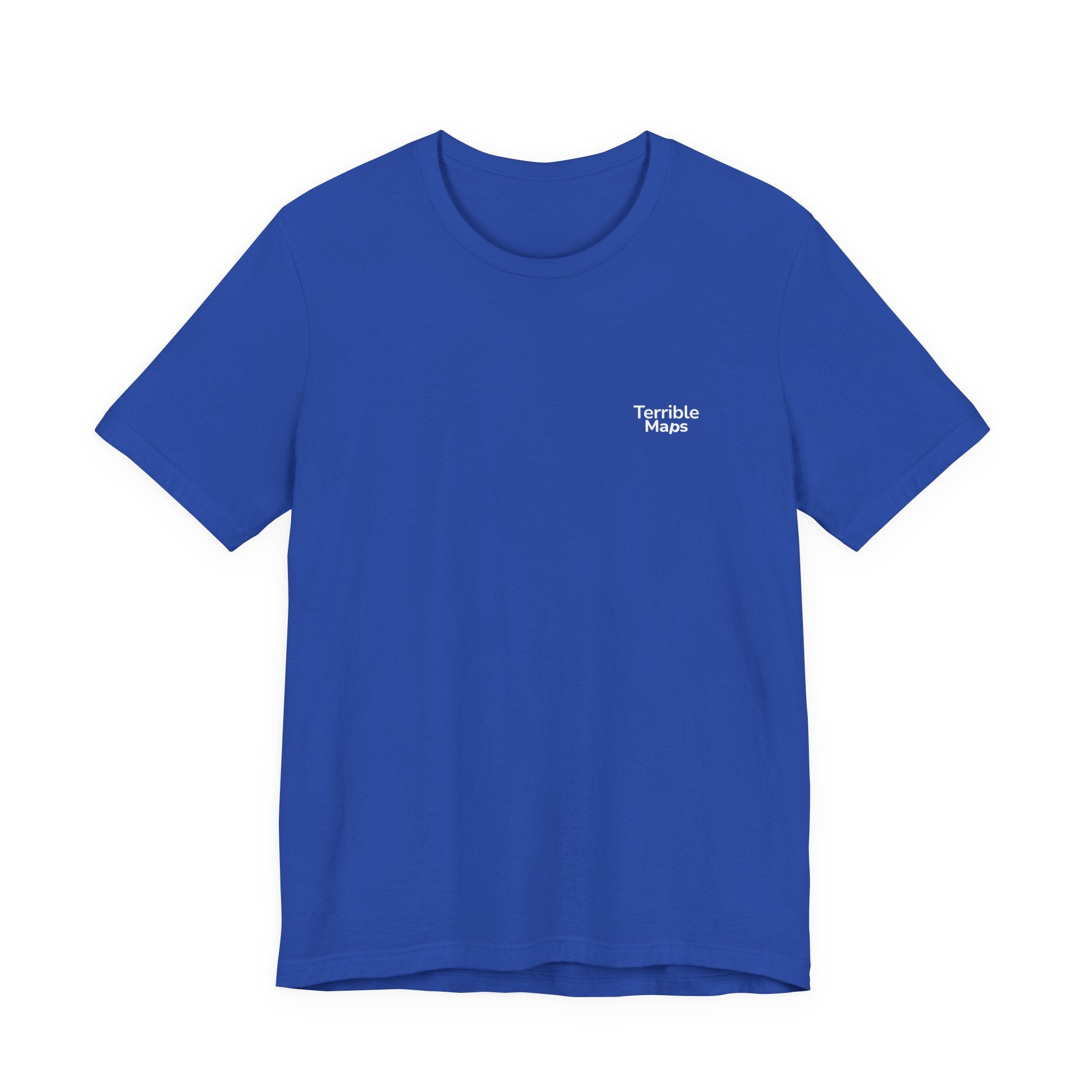 Blue t-shirt with 'Terrible Maps' logo on a white background