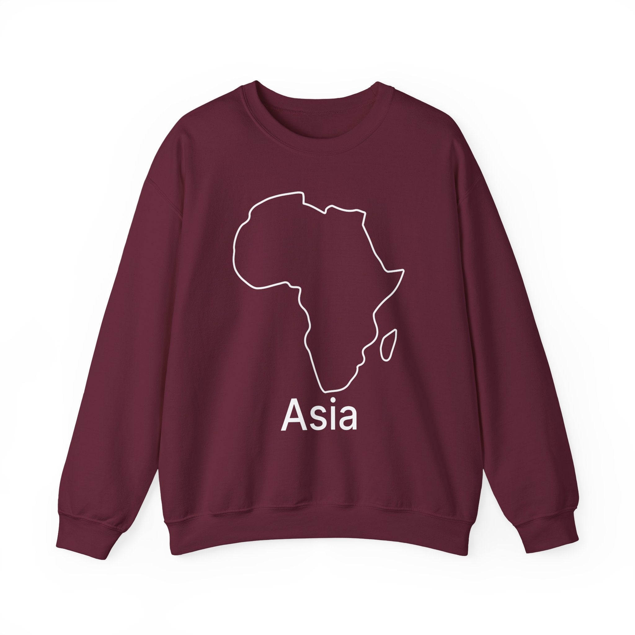 Maroon sweatshirt with a map of Africa and the word 'Asia' on a white background