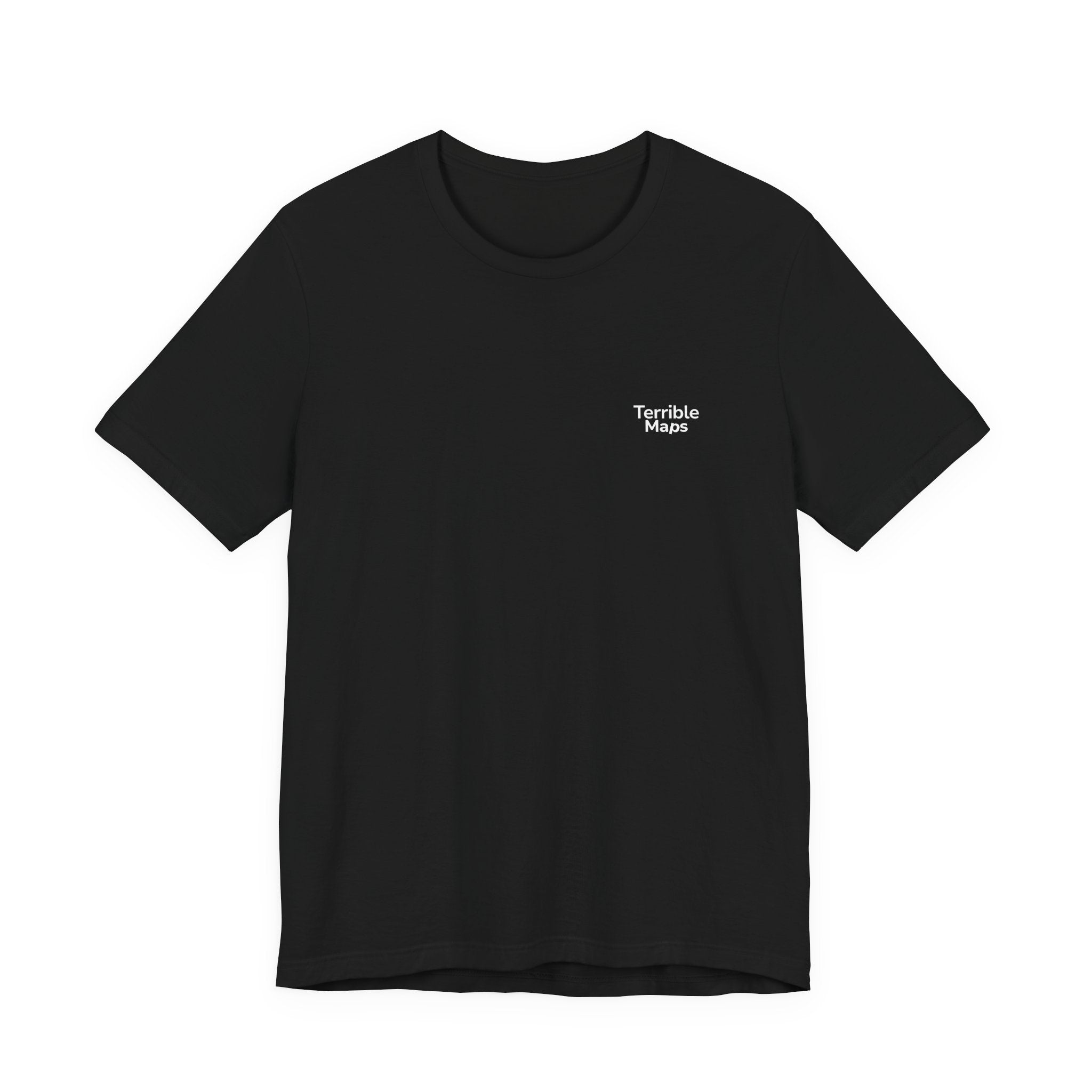 Black t-shirt with 'Terrible Maps' logo on a white background