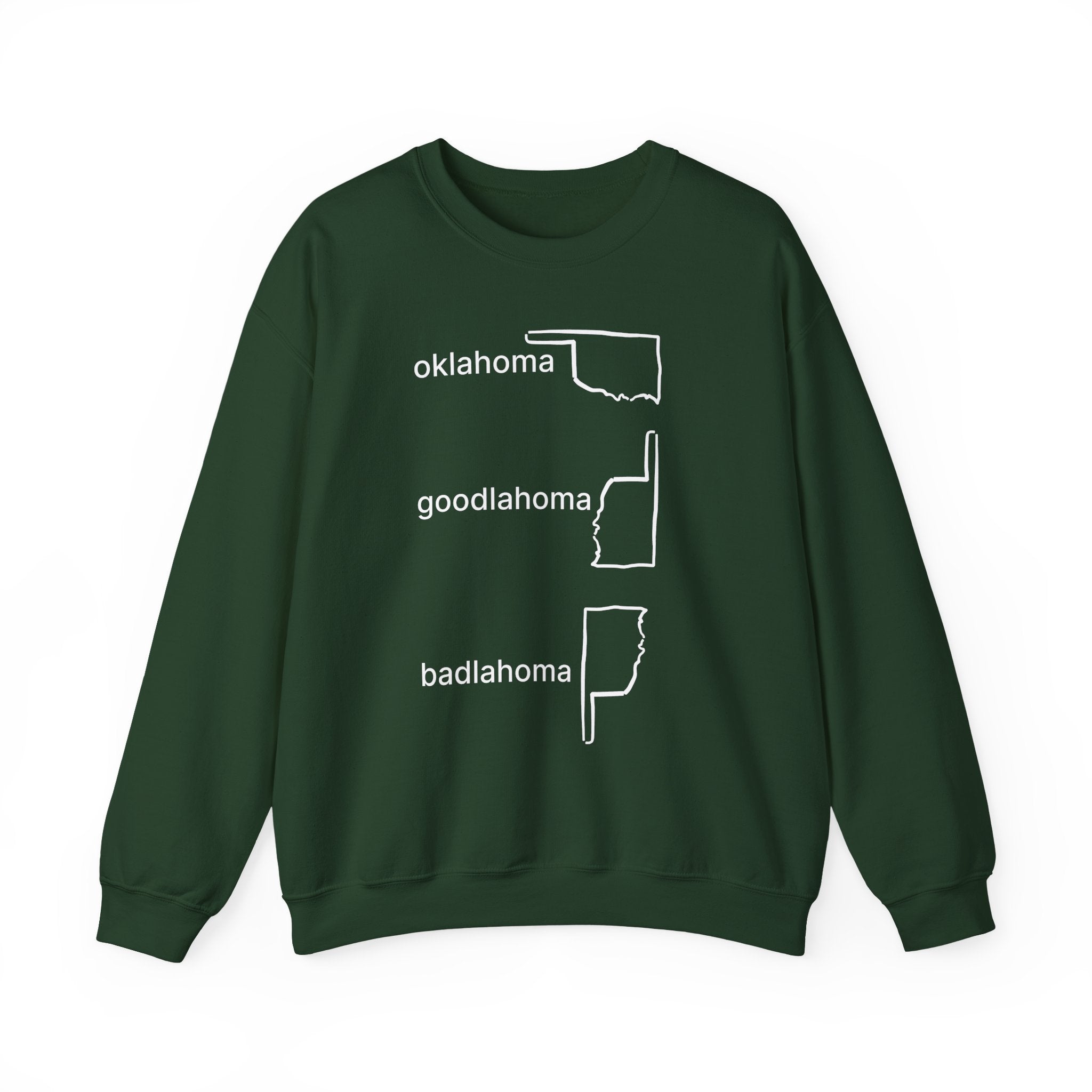 Green sweatshirt with white text and graphics on a white background