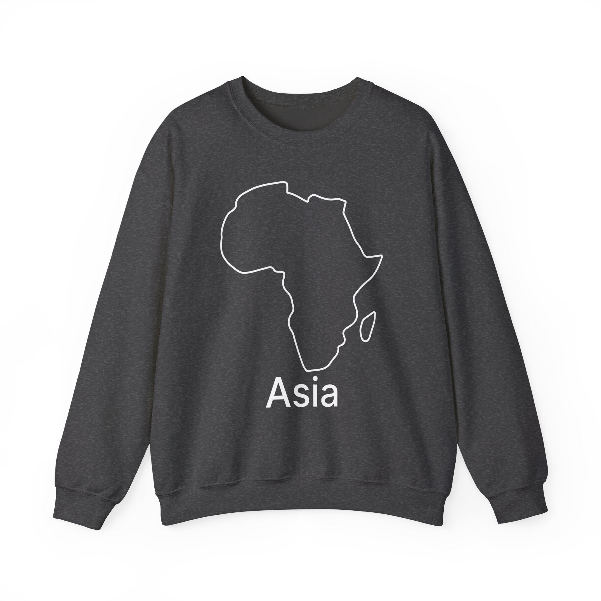 Dark gray sweatshirt with a map of Africa and 'Asia' text on a white background