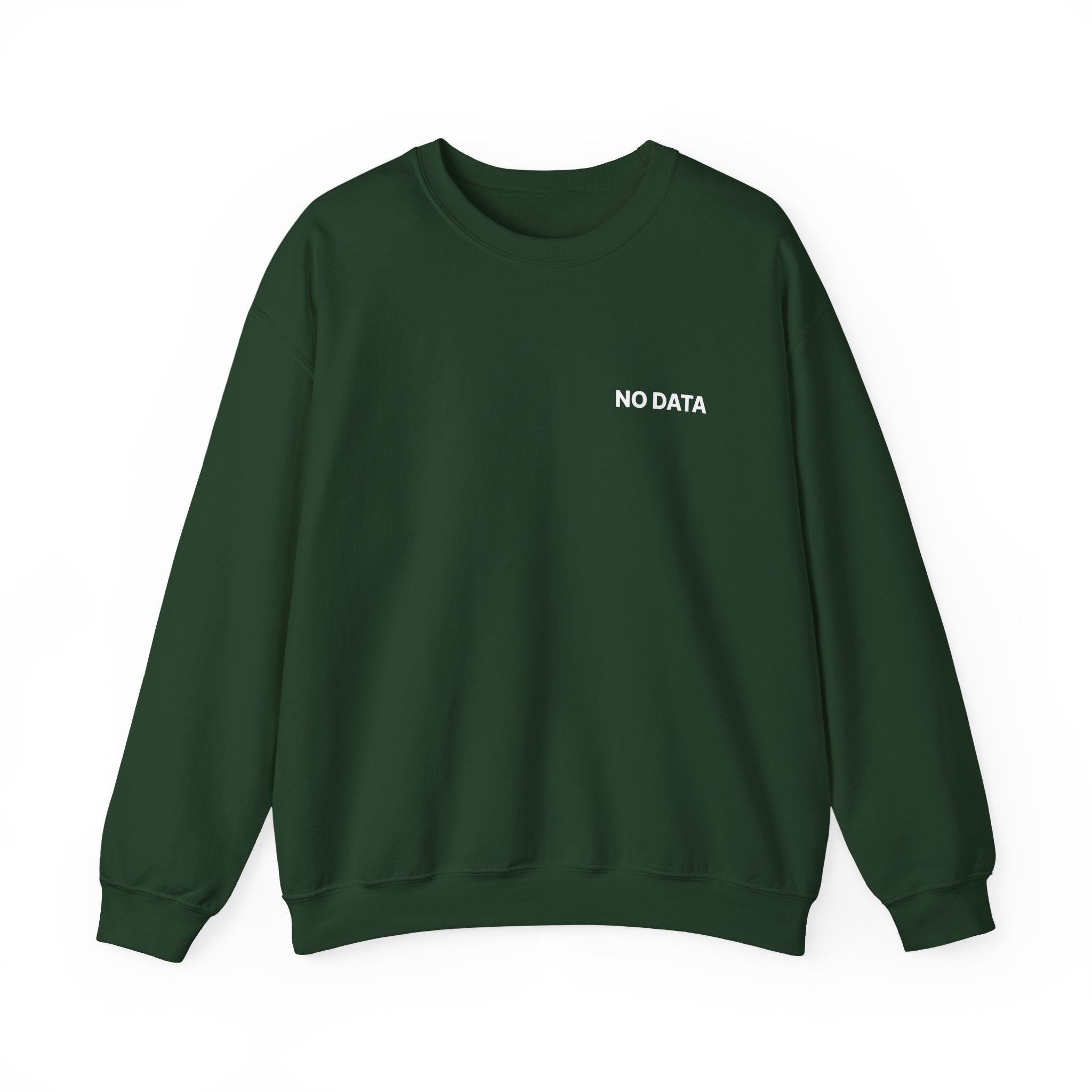 Green sweatshirt with 'NO DATA' text on a white background