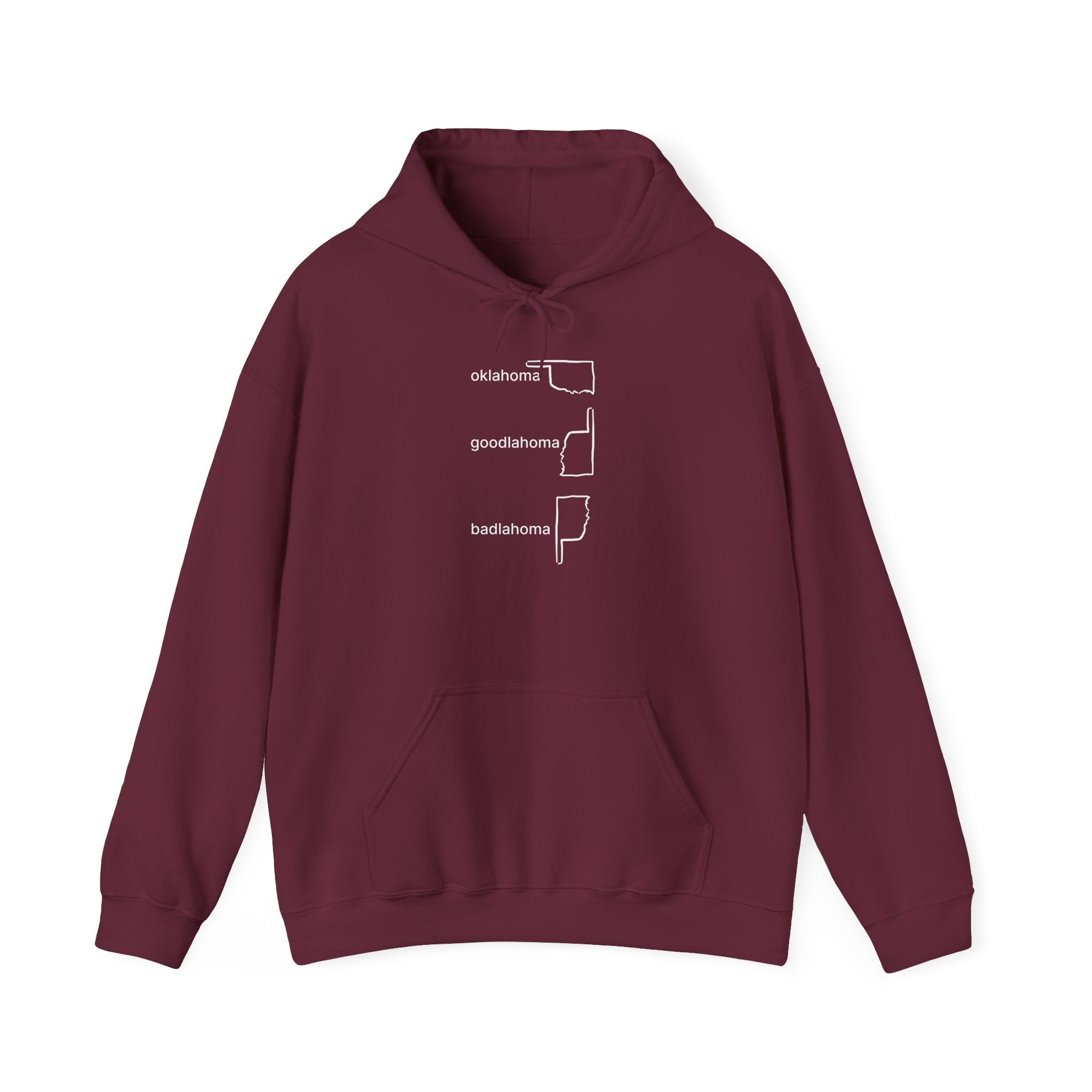 Maroon hoodie with white text and graphics on a white background