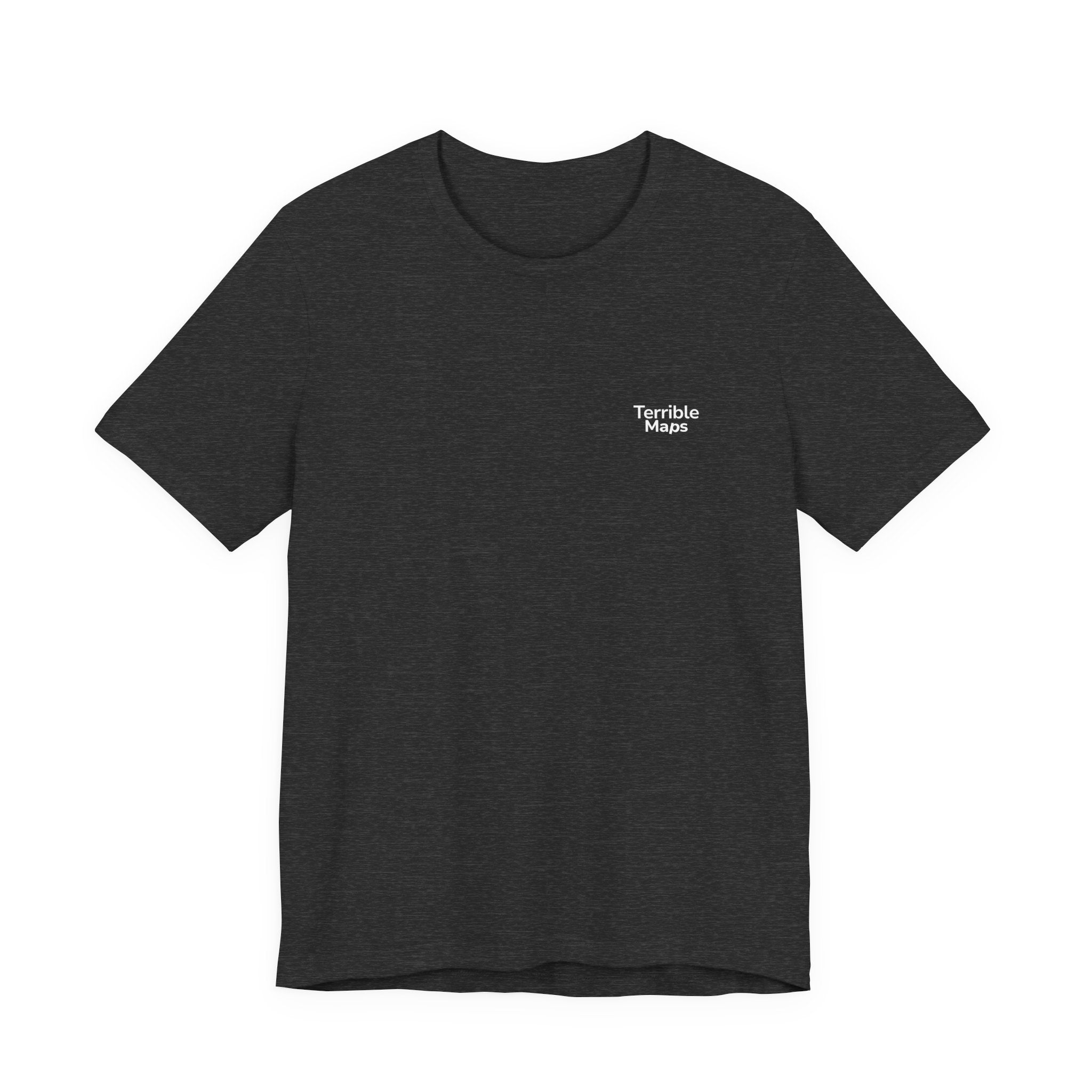 Black t-shirt with 'Terrible Maps' logo on a white background