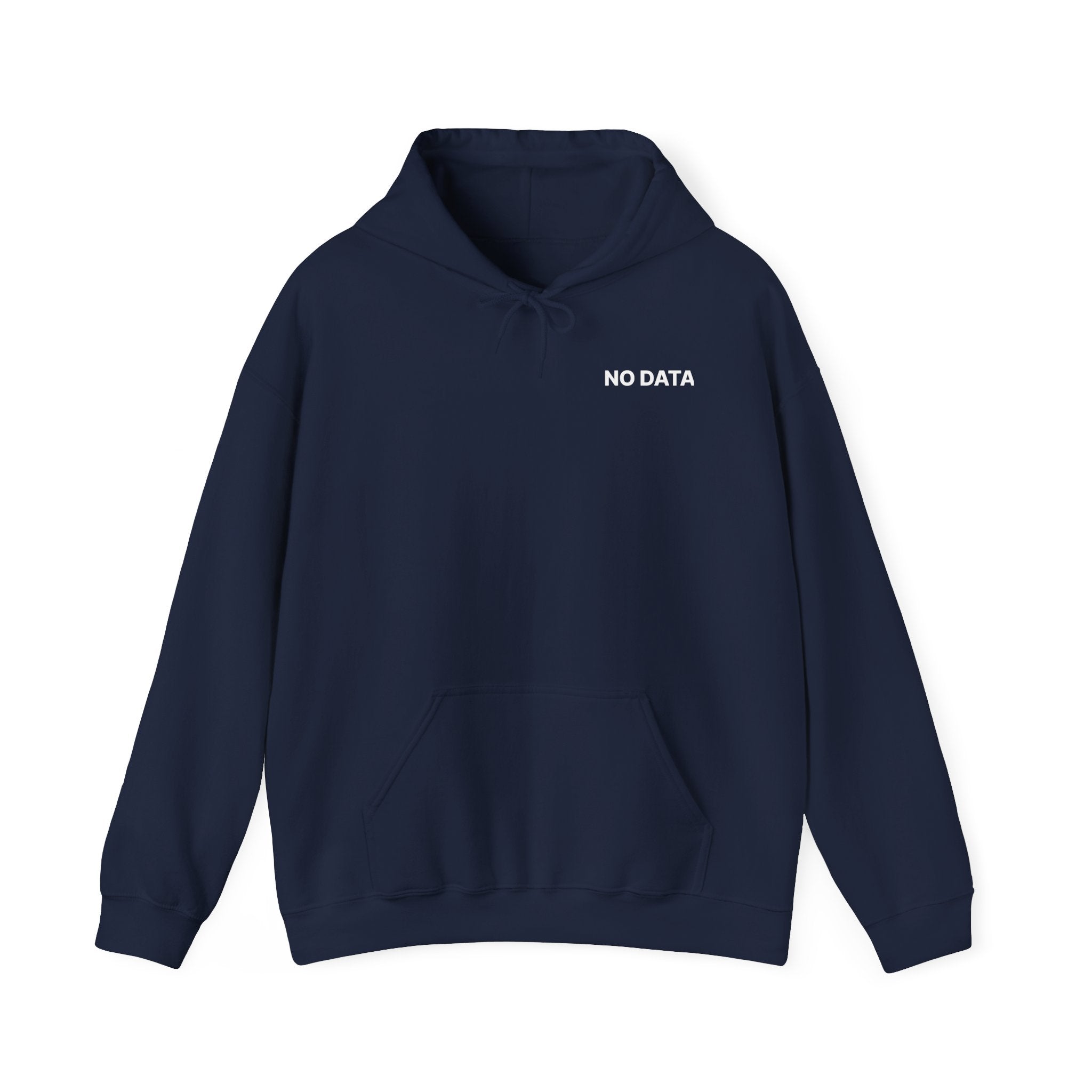 Navy blue hoodie with 'NO DATA' text on a white background