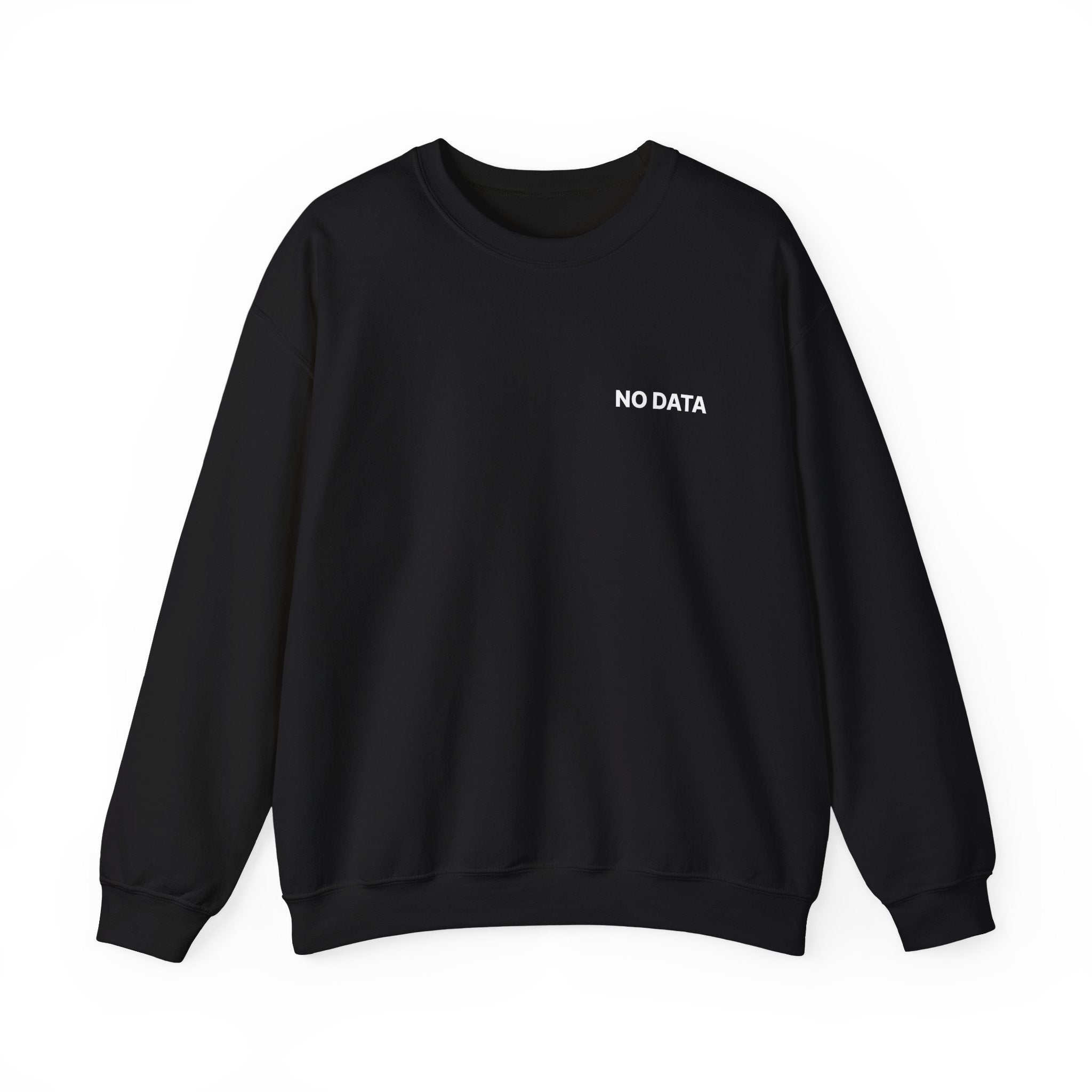 Black sweatshirt with 'NO DATA' text on a white background