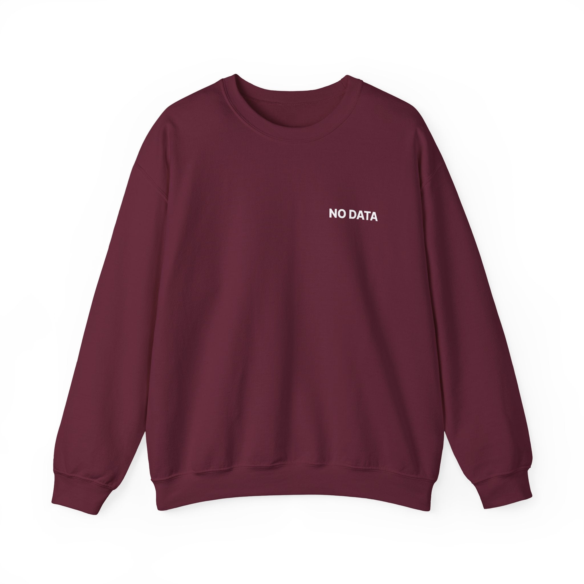 Maroon sweatshirt with 'NO DATA' text on a white background