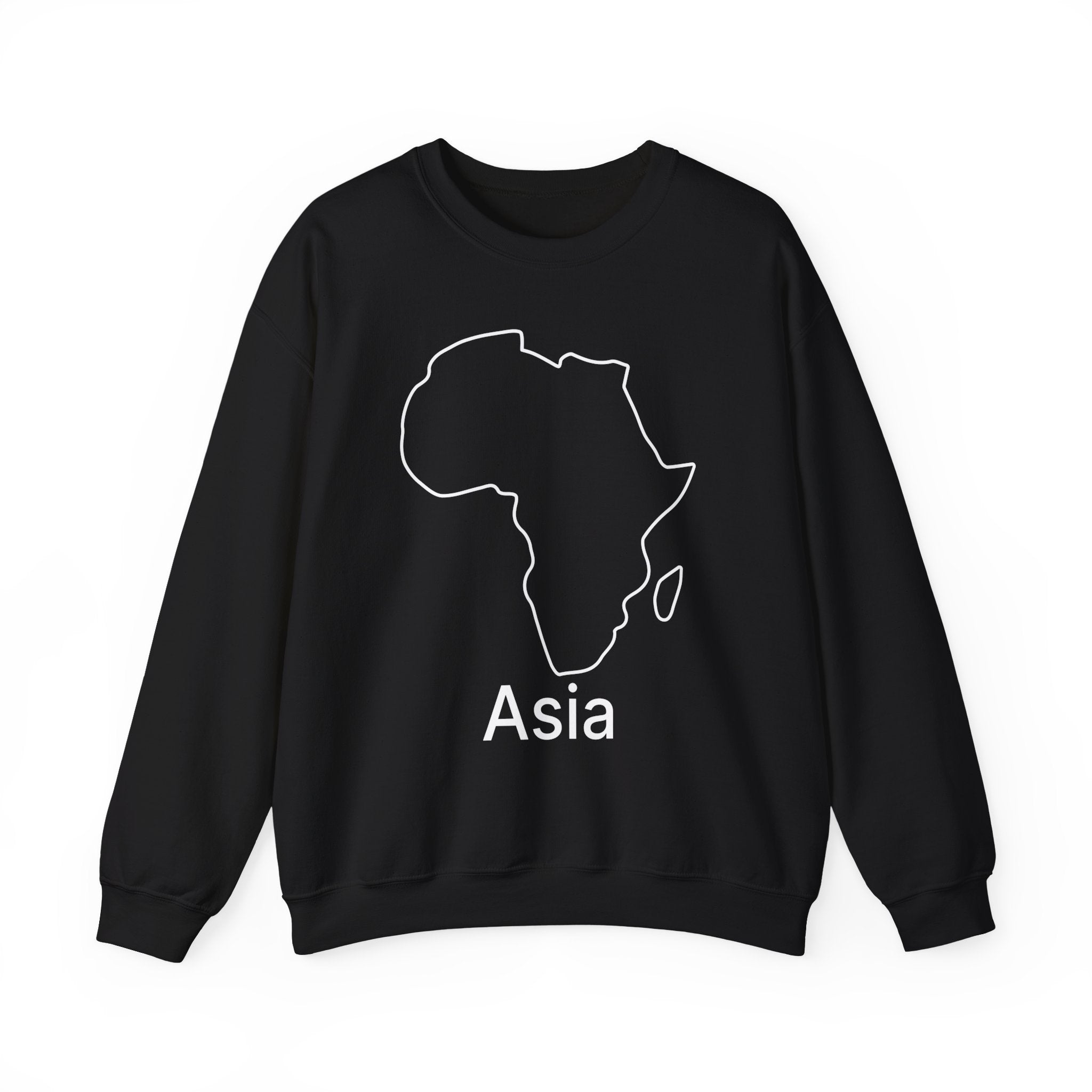 Black sweatshirt with a map of Africa and the word 'Asia' on a white background