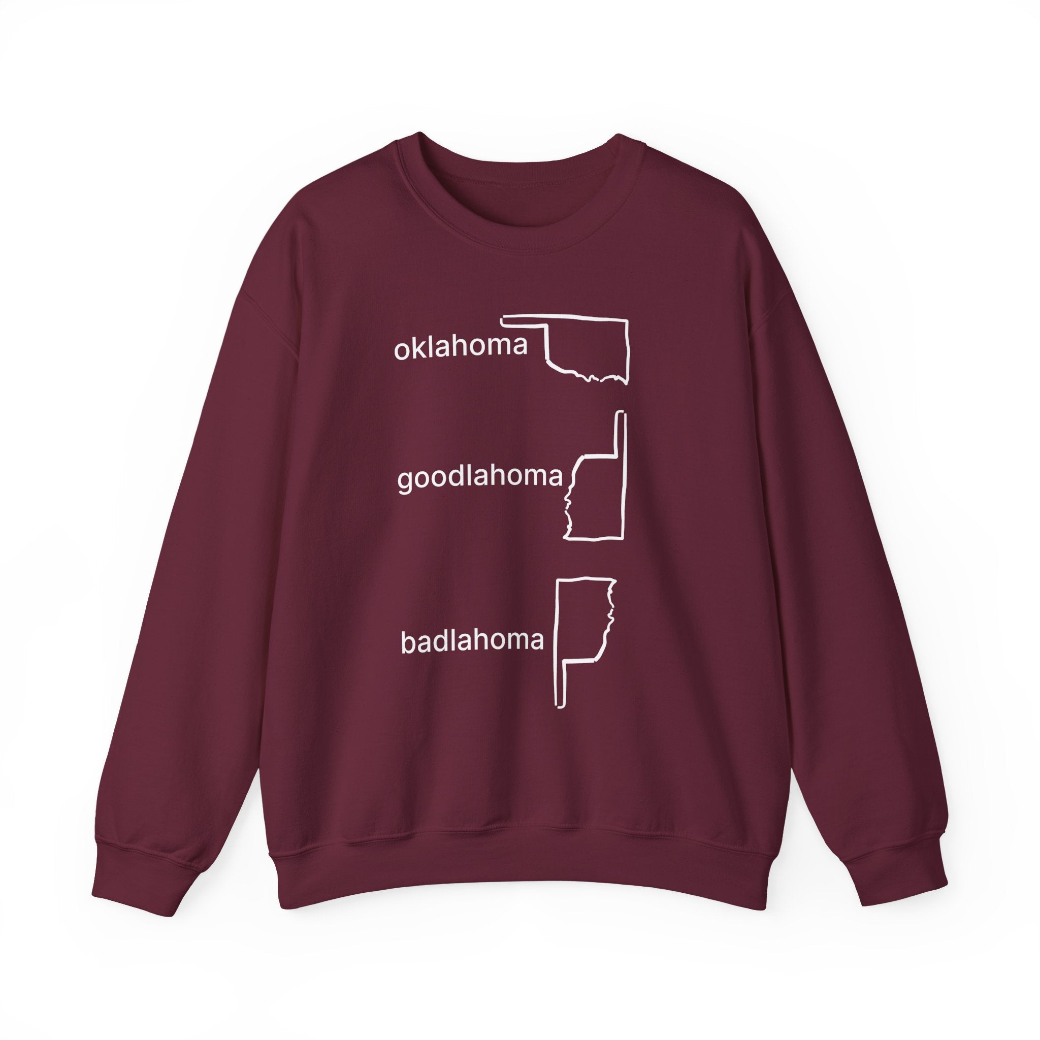 Maroon sweatshirt with white text and graphics on a white background