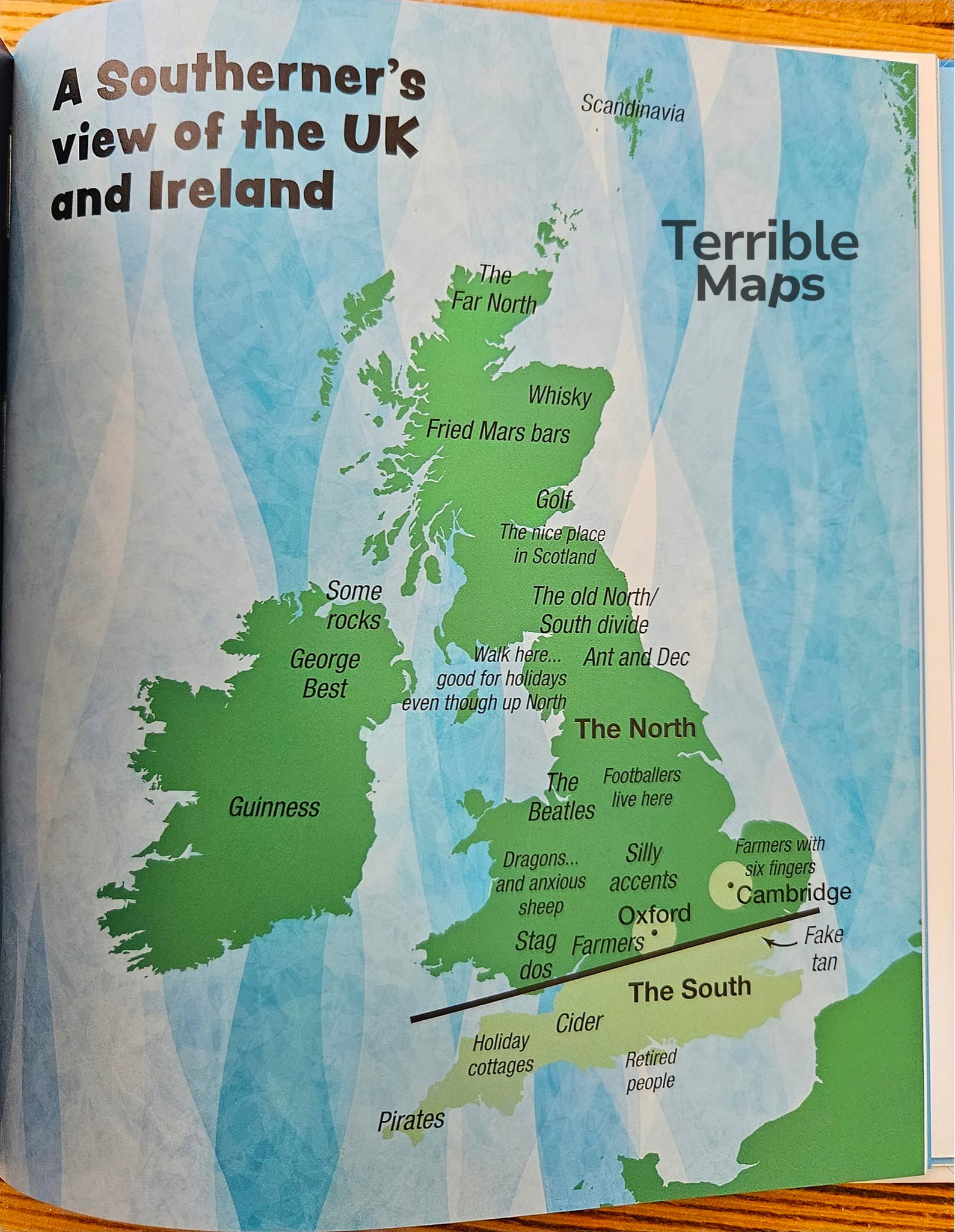 A Southerner's view of the UK and Ireland: The South below a line, The North and The Far North above it, from the Terrible Maps book