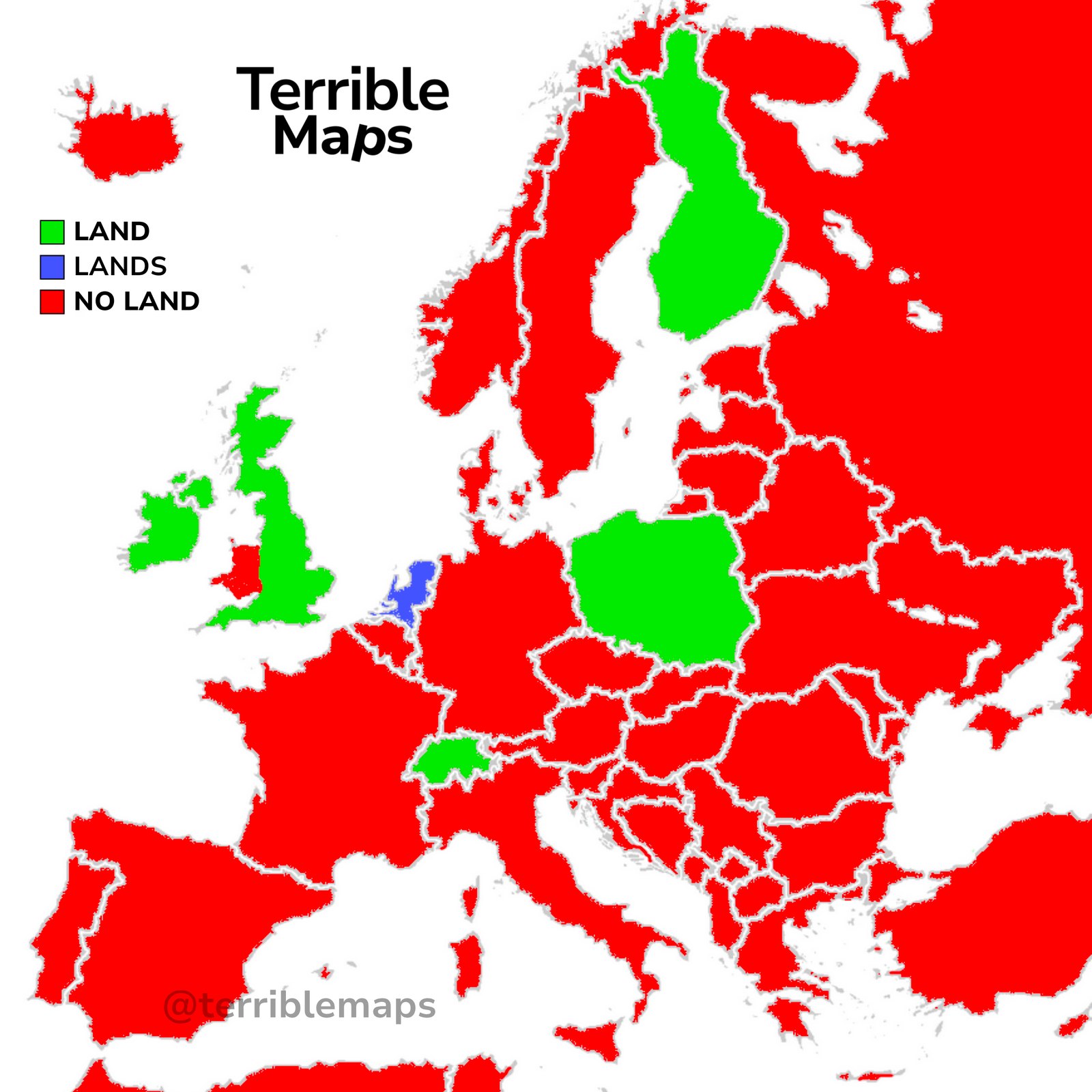 Map of Europe showing countries with land in green, the Netherlands with lands in blue, and countries with no land in red