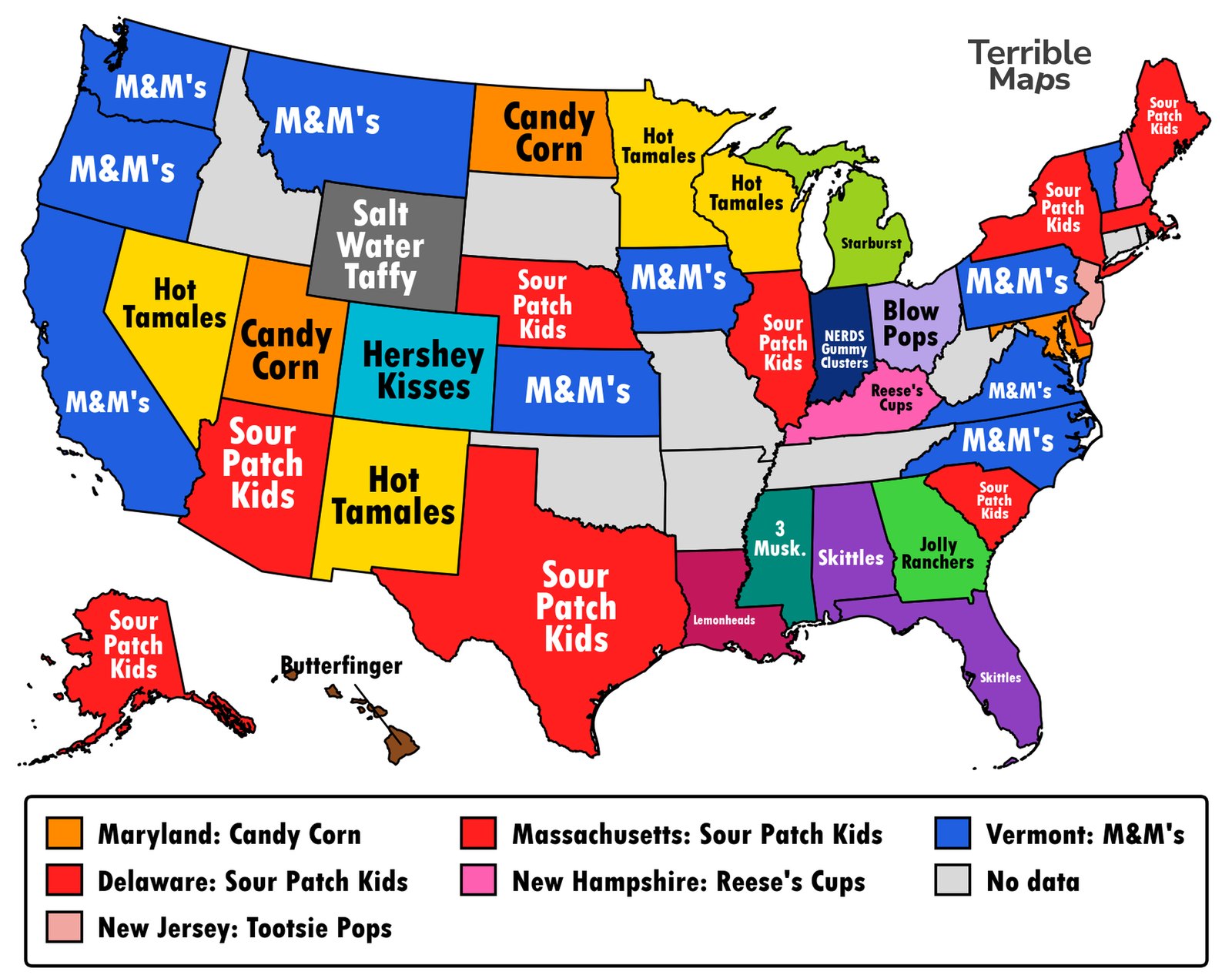 Map of the US showing the most popular Halloween candy in each state, with M&M's and Sour Patch Kids topping 10 states each