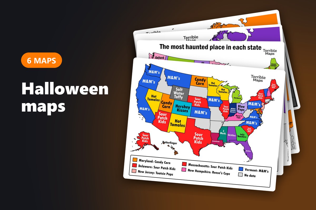 Halloween maps: six Terrible Maps cards, the most popular Halloween candy in each state on top