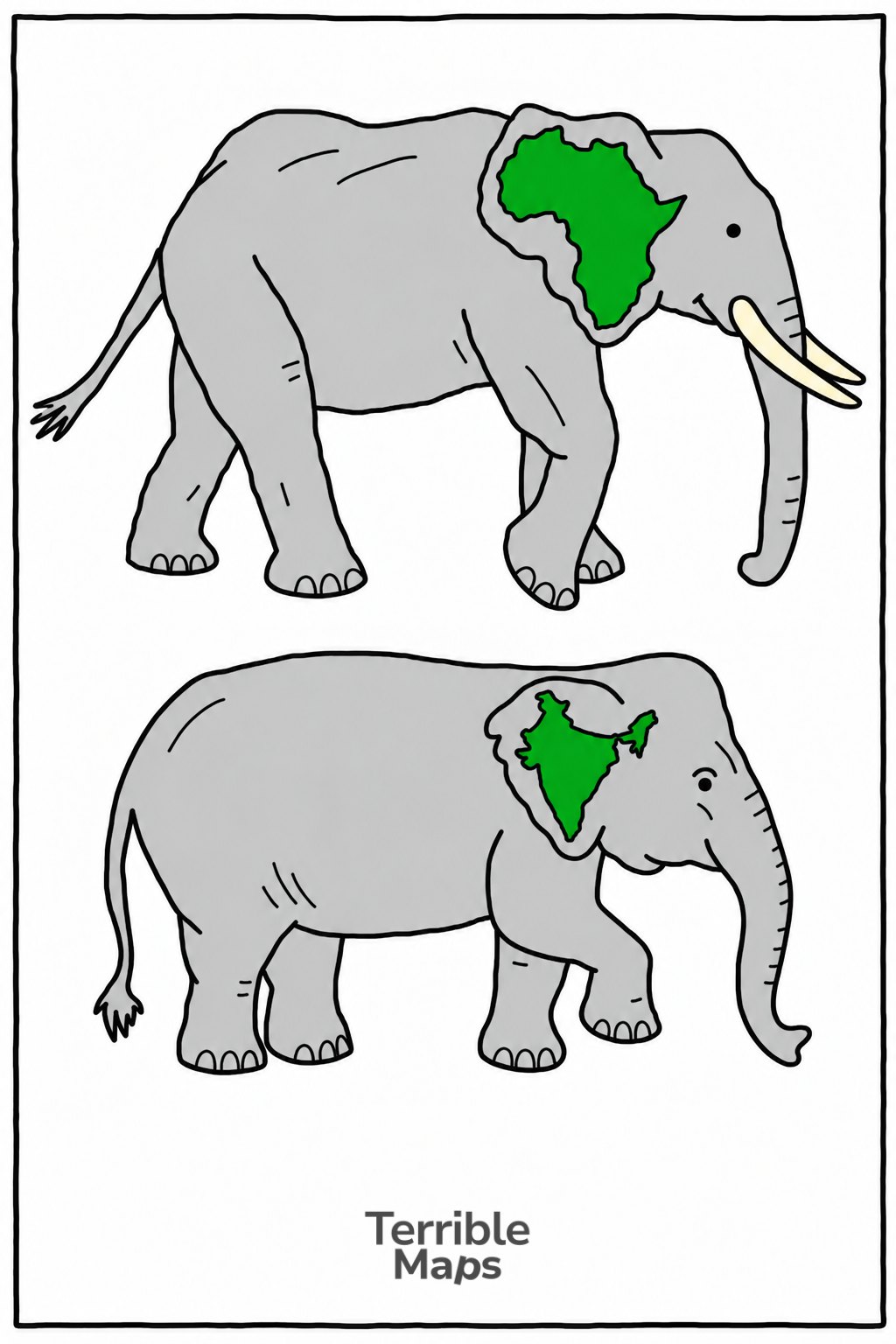 Two elephants, one with an ear shaped like Africa and one with an ear shaped like India