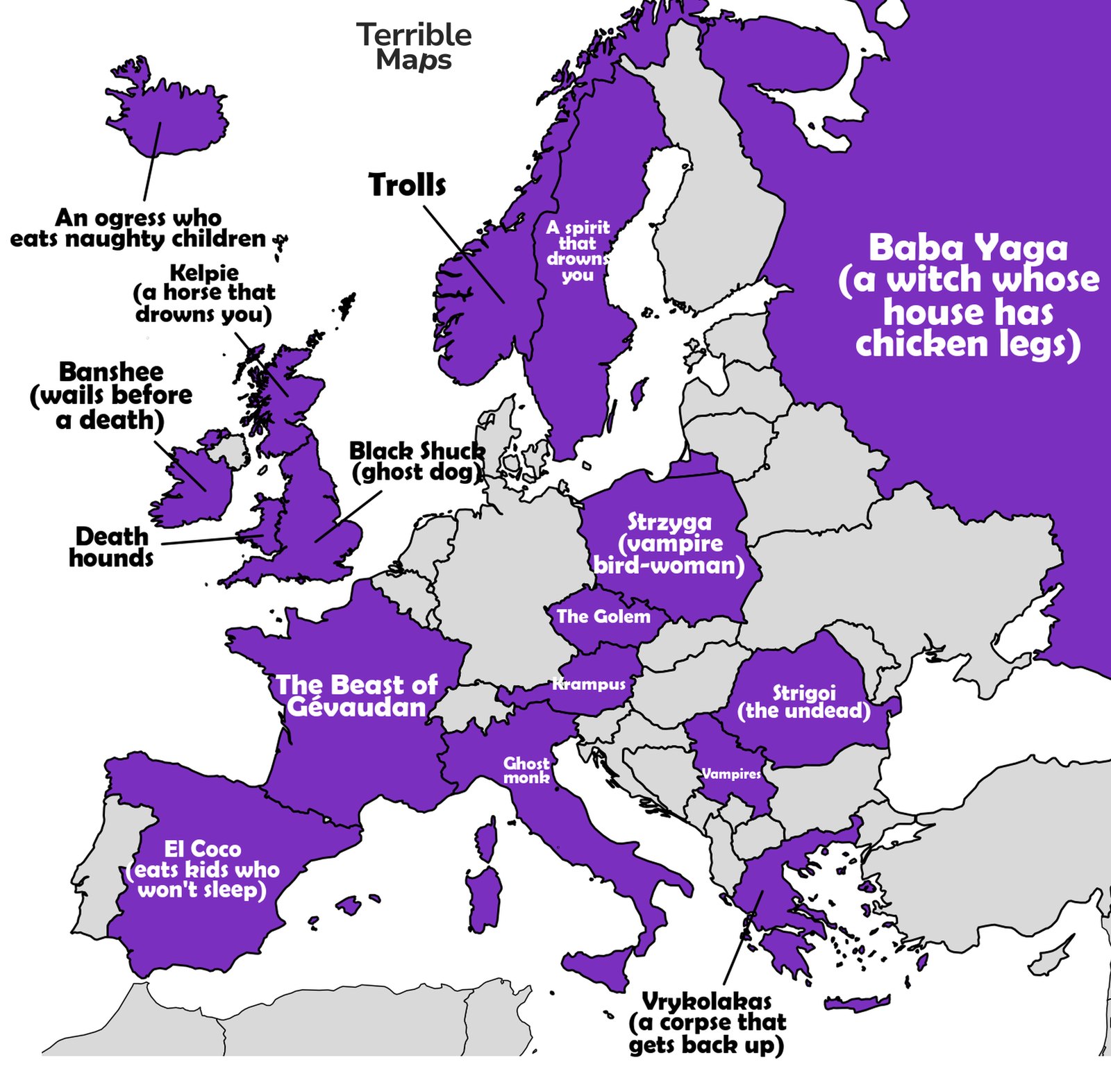 Map of Europe showing each country's most famous folklore monster, from Baba Yaga in Russia to the banshee in Ireland
