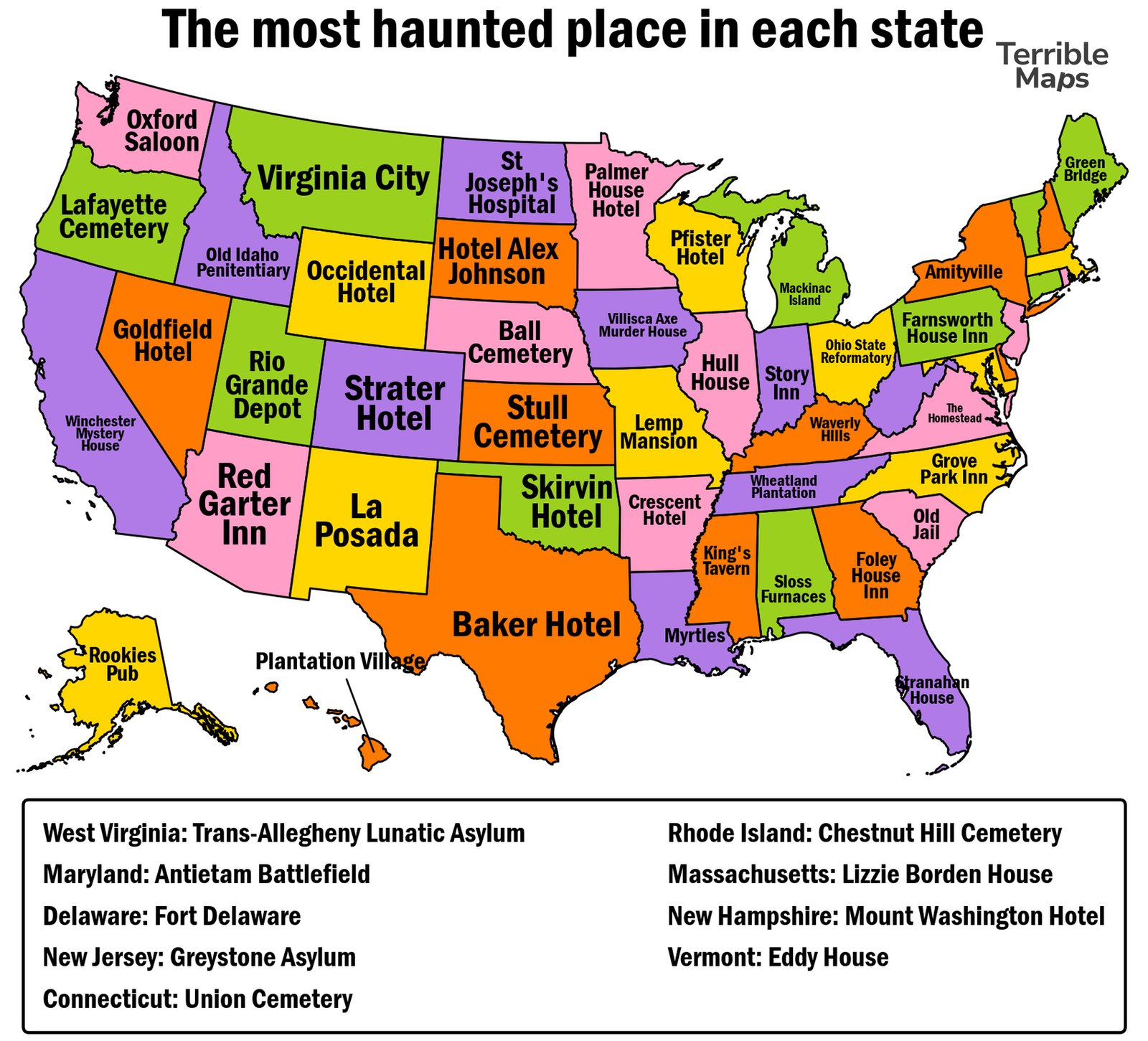 Map of the US naming the most haunted place in each state, including the Winchester Mystery House, the Lizzie Borden House and Amityville