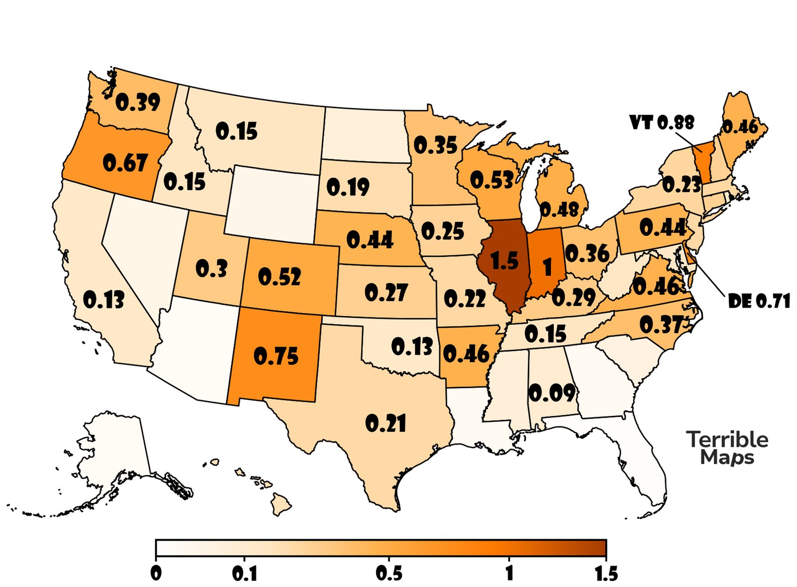 Map of the US showing acres of pumpkins grown per 1,000 people in each state, with Illinois highest at 1.5