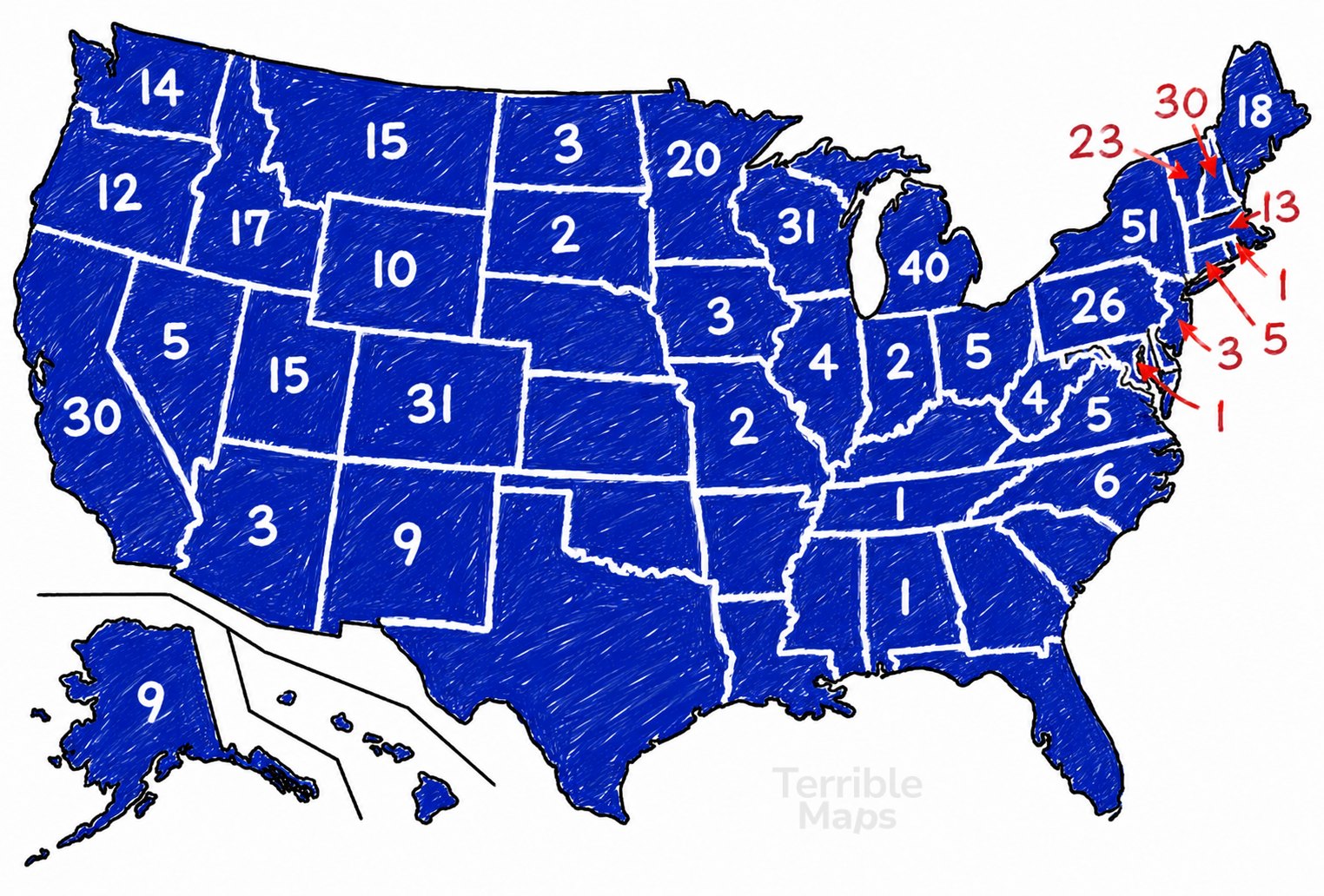 Map of the US showing the number of ski resorts in each state, with New York highest at 51