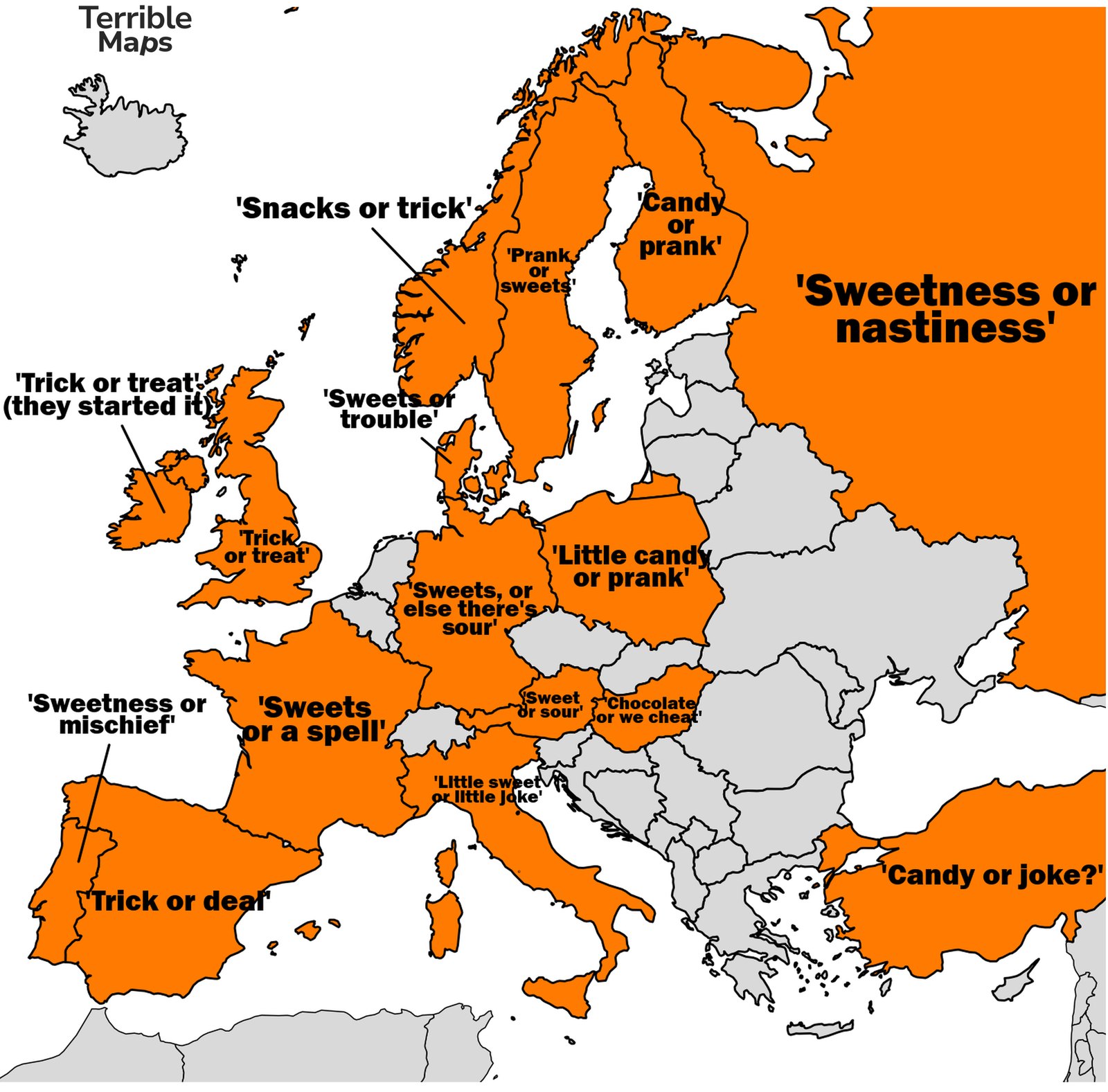 Map of Europe showing the local phrase for trick or treat translated word for word into English
