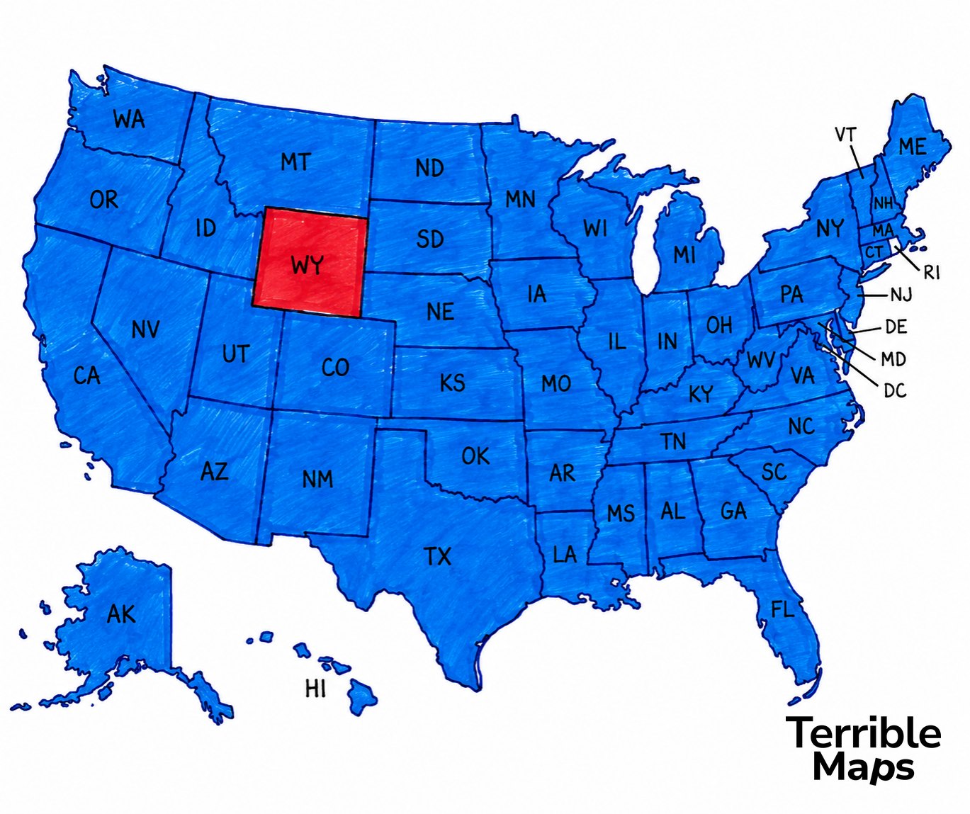 Map of the US with Wyoming in red and the other 49 states in blue